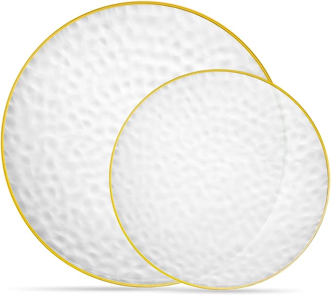 PLASTICPRO 32 Piece Combo Plates Set includes 16-7'' inch Plates & 16-9'' inch Plate Clear Plastic Organic Hammered Design Party Dishes Gold Rim, Elegant, Tableware, Dishes,