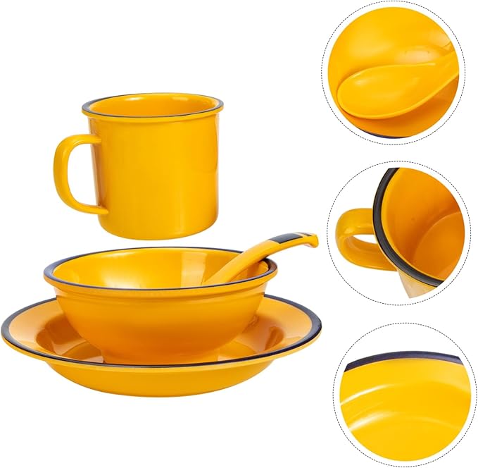 ERINGOGO Dinnerware Yellow Asian Style Rice Soup Bowls Plates Lightweight Tableware for Indoor Outdoor Use Easy to Clean and Portable