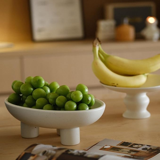 WENSHUO Three-Legs Ceramic Fruit Bowl for Kitchen Counter, Decorative Bowl for Table Décor, 10-inch Oval Large Bowls for Breads (Matte Crème)