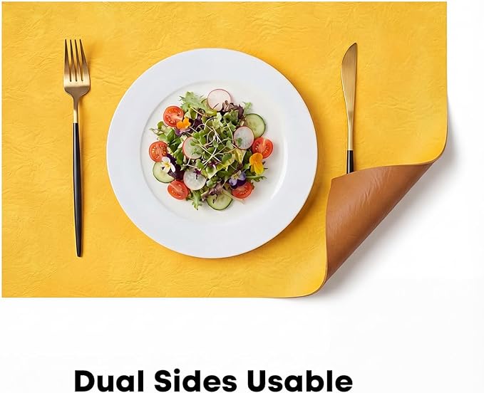 Artoid Mode Yellow Faux Leather Placemats Set of 6, 12x18 Inch Waterproof Wipeable Heat Resistant Vinyl Place Mats, Reversible Table Mats for Summer Kitchen Dining Decor