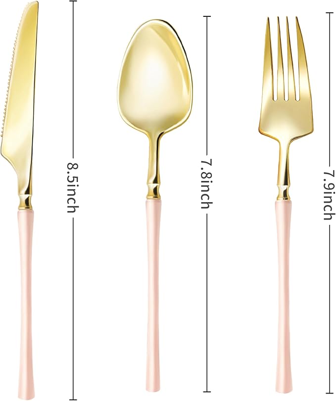 Lullaby 150pcs Gold Plastic Silverware, High End Disposable Cutlery with Pink Handle Include 50 Forks, 50 Spoons, 50 Knives, Perfect for Birthdays, Parties, Weddings, and More