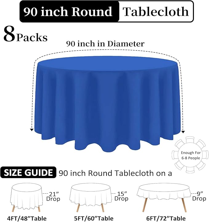 8 Pack Royal Blue Round Tablecloth 90 Inch Stain and Wrinkle Resistant Round Royal Blue Table Cloth Reusable and Washable Polyester Fabric Table Covers for Buffet Wedding Party and Banquet