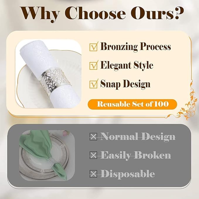 100 Pcs Napkin Rings Laser Cut Premium Paper Napkin Holder for Wedding Party Christmas Dinner Serviette Table Restaurant Celebration (Silver)