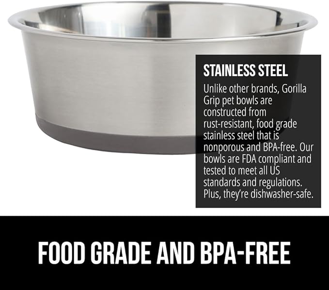 GORILLA GRIP Dog Bowl, Holds 6 Cups (48 fl oz), Heavy Duty Metal Food and Water Bowl for Feeding Dogs and Cats, Easy Clean, Dishwasher Safe, Rust Resistant Stainless Steel, BPA Free Rubber Base, Gray
