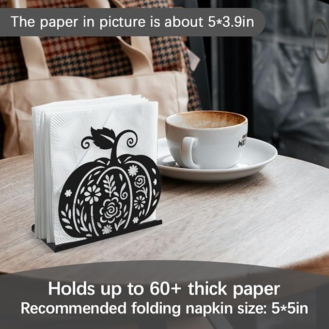 Pumpkin Flower Decorative Black Metal Napkin Holder for Table, 5.3" x 4.9" x 1.9" Fall Thanksgiving Standing Napkin Holder for Home Kitchen Restaurant Picnic Party Coffee Bar Dining Room