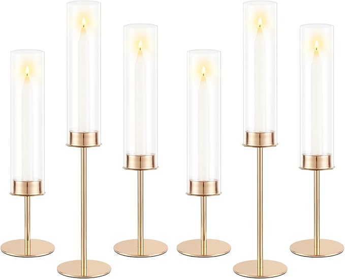 Gold Candle Holders Set of 6 for Glass Taper Candle Holders,Hurricane Candlestick Holder for Home Decor, Wedding, Dinning, Party Decorative, Anniversary (6,Gold)