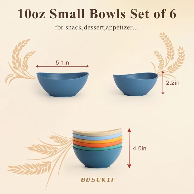 10oz Wheat Straw Bowls Set of 6, Unbreakable Small Plastic Bowls Reusable - Image 2