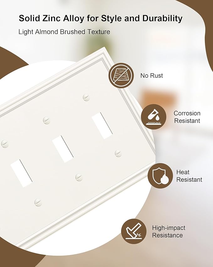 2-Pack Quad Toggle Light Switch Cover Plate, Durable Zinc Alloy Decorative Switch Plate Covers, Light Almond 4 Gang Switch Plates, Corrosion Resistant
