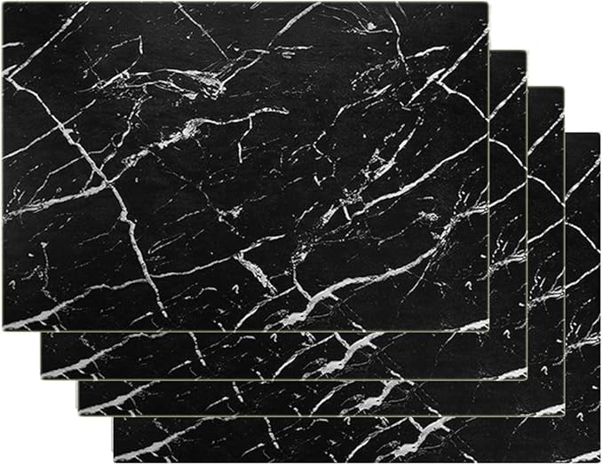 Marble Leather Placemats for Dining Table Waterproof Set of 4 Marble Decor for Kitchen Table Easy to Clean PU Place Mats for Dinning,Office (Marble（Black）)