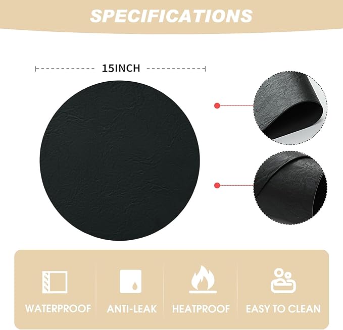 Artoid Mode Black Faux Leather Placemats Set of 4, 15 Inch Waterproof Wipeable Heat Resistant Vinyl Place Mats, Reversible Table Mats for Kitchen Dining Decor