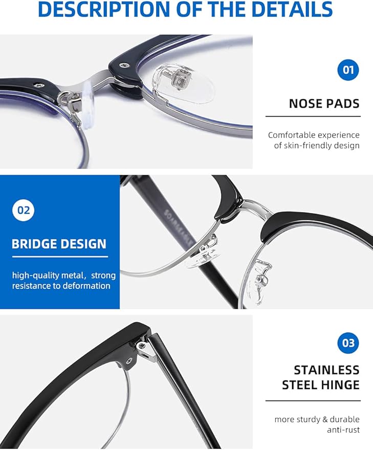 SOAR&EAGLE 3 Pack Blue Light Blocking Glasses,Computer Gaming Glasses,Retro Semi Rimless UV400 Clear Lens Computer Eyewear
