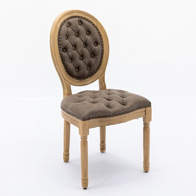 Ball & Cast French Vintage Upholstered Dining Chairs Set of 2, Button Tufted Kitchen Side-Chairs with Carved Antique Wood Frame & Nailhead Trims, PU-Leather Curved Backrest Louis Chair, PU Brown