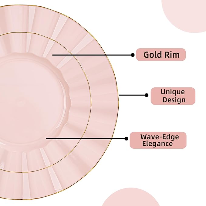 120PCS Blush Pink Plastic Plates, Heavy Duty Disposable Party Plates with Gold Rim, 60 Dinner and 60 Dessert for Parties and Wedding