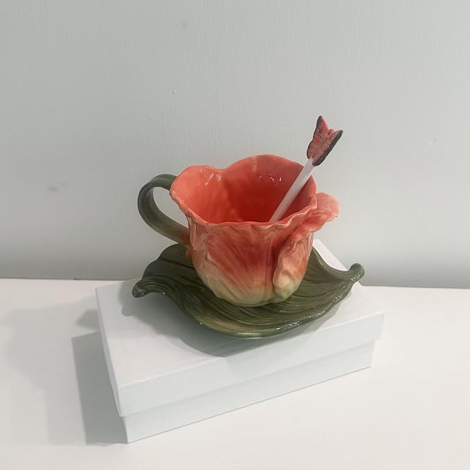 Ceramic Tea Cup and Saucer Set ，6OZ 3D Hand-Painted Flower Coffee Mug，Gift - Image 3