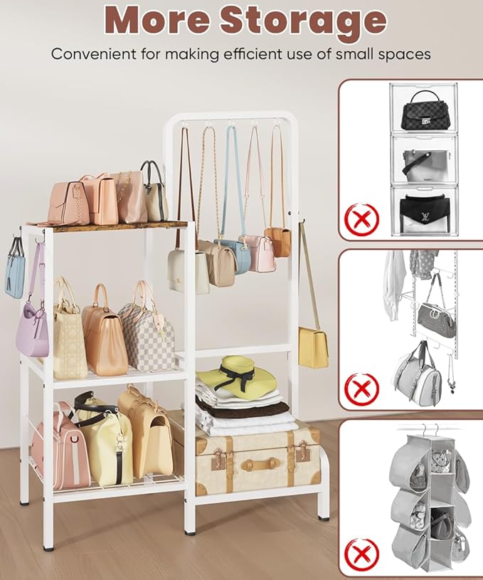Floor-Standing 3-Tier Purse Organizer, High-Capacity Bag Holder with 8 Hooks, Multi-Functional Purse Rack for Various Bags, Handbag Display Stand Shelf for Closet, Bedroom, Entryway, White