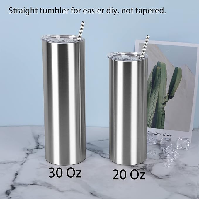 20 Oz Straight Skinny Tumbler Set, Stainless Steel Slim Skinny Travel Tumbler Bulk, Birthday Diy Gift For Women Friends Sisters, 4 Pack, Silver
