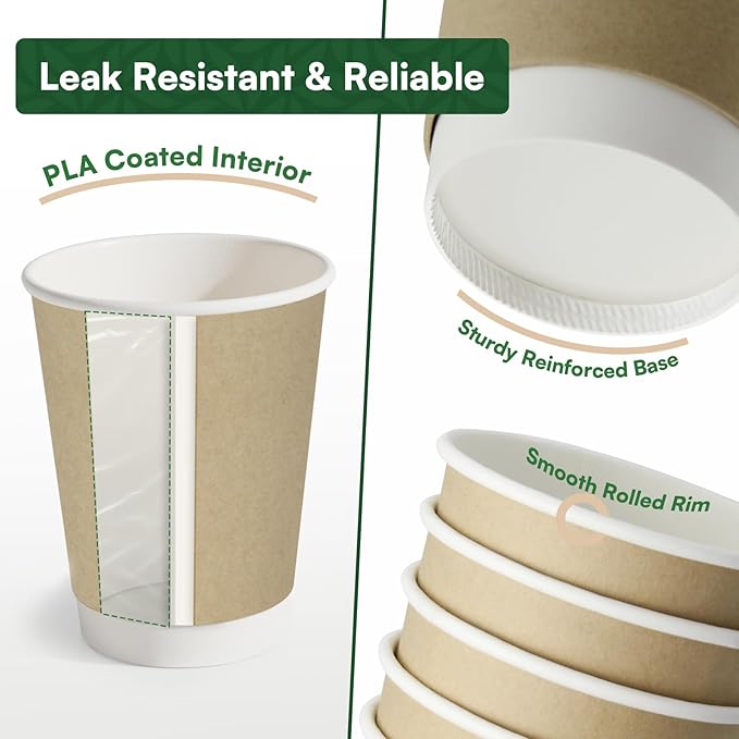 Disposable Coffee Cups with Lids 16 oz To Go Hot Cups,20 Pack Double Wall Paper Cups with Lids, BPI Compostable PLA Coated Natural Kraft Insulated Disposable Cups for Togo Office Cafe Party Travel