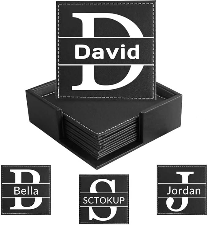 Custom Leather Coaster, Personalized Set of 6 Coasters for Drinks with Holder, DIY Logo Name Image, Durable, Non-Slip, Waterproof Leather Coaster for Home, Office, Bar, Cup Housewarming