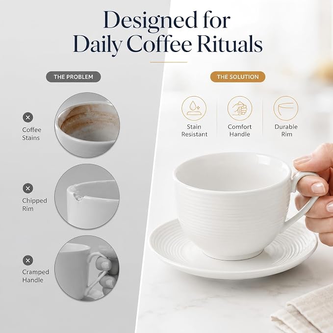 Porcelain Cappuccino Cups with Saucers, 4-Piece Coffee Cup Set | Glossy - Image 5