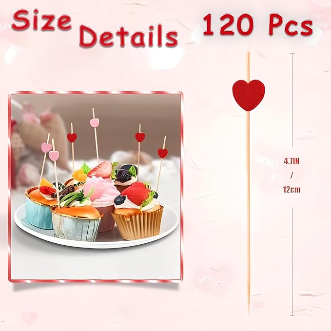120 PCS Red Love Heart Shaped Cocktail Picks, 4.7Inch Bamboo Fancy Toothpicks for Appetizers, Cocktail Skewers Sticks Selected for Weddings, Valentines Day, Desserts, Charcuterie, Food, Drinks