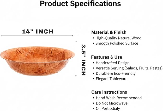 14-inch Wooden Serving Bowl, Set Of 6 | Round | Stackable | EZ To Wash | Great For Salads, Fruits, Snacks, And More [6PK]