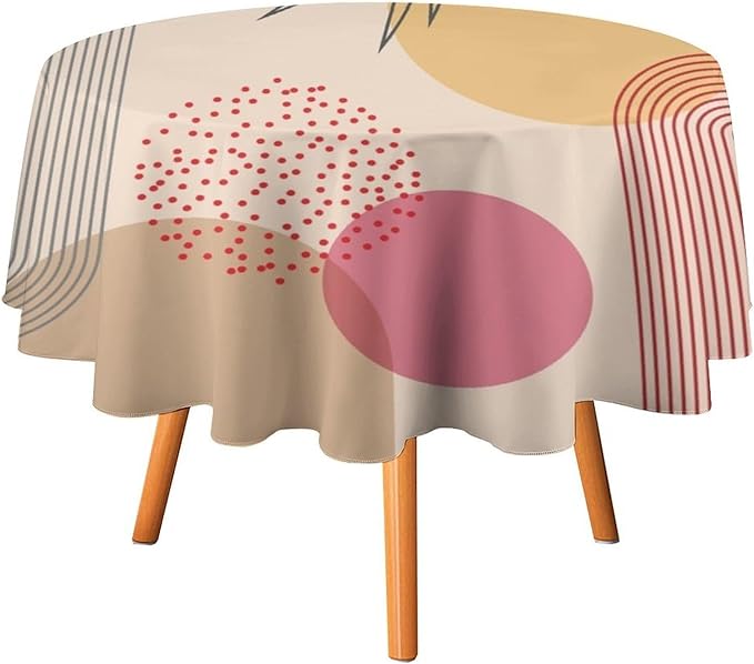 Mid Century Boho Round Tablecloth, Abstract Modern Sun Arch Curve Leaves Geometric Print Tablecloth for Home Party Dining Room Kitchen Decor 50Inch(127cm)