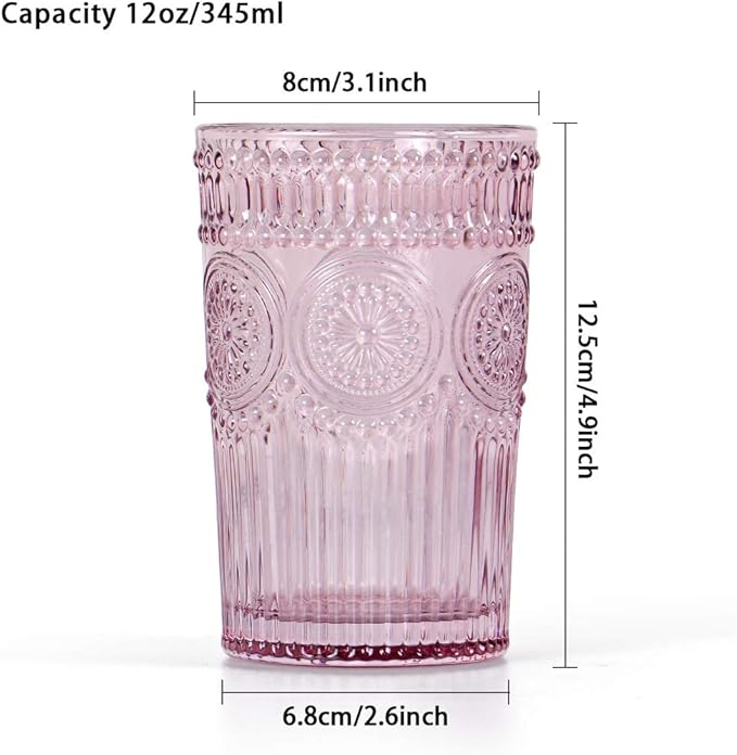 MDLUU Colored Glassware, Multicolor Drinking Glasses, Embossed Water Glasses, Colored Tumblers Glass, Capacity 12oz/345ml, Set of 4