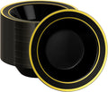 BESTSTAR 100 Pack Black Disposable Bowls with Gold Rim, 12oz Black Plastic Soup Bowls for Party, Wedding, Holiday,And Halloween