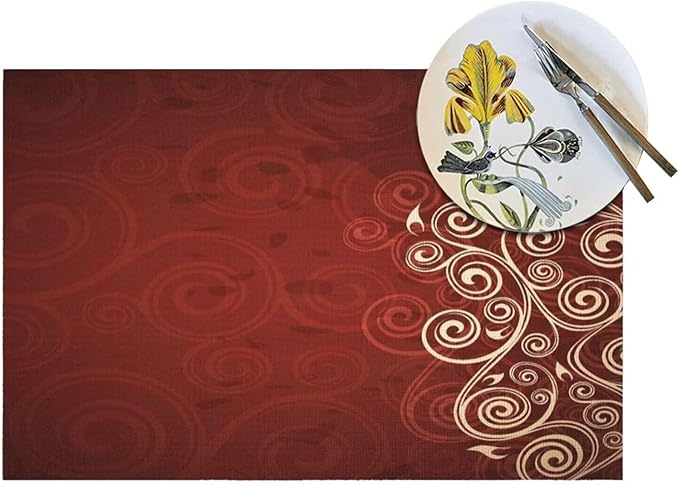 Burgundy Placemats Set of 6 Red Floral Swirls Ivy Image Ombre Details Wipeable Table Mats Flower Art Reusable Washable PVC Rectangle Place Mats for Kitchen Dining Home Decor 12x18 Inches