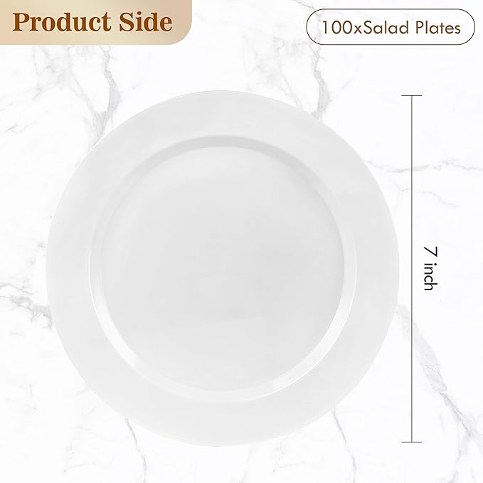 BESTVIP 100PCS 7 Inch White Plastic Dessert Plates, Disposable Plate for Appetizers, Small Cakes, Small Heavy Duty Disposable Plastic Plates for Parties, Wedding, Christmas, Thanksgiving and Birthday
