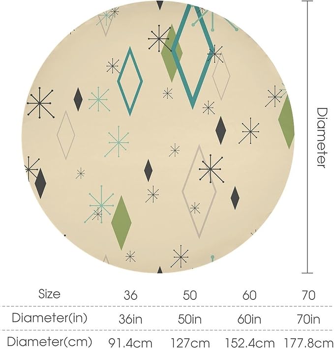 Colorful Middle Century Round Tablecloth, Vintage Bohemian Mid Century Modern Retro Print Tablecloth for Home Party Dining Room Kitchen Decor 50Inch(127cm)