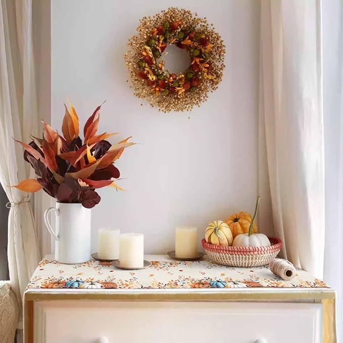 Orange Blue Pumpkin Fall Table Runner 48 Inches Long, Thanksgiving Eucalyptus - Image 3