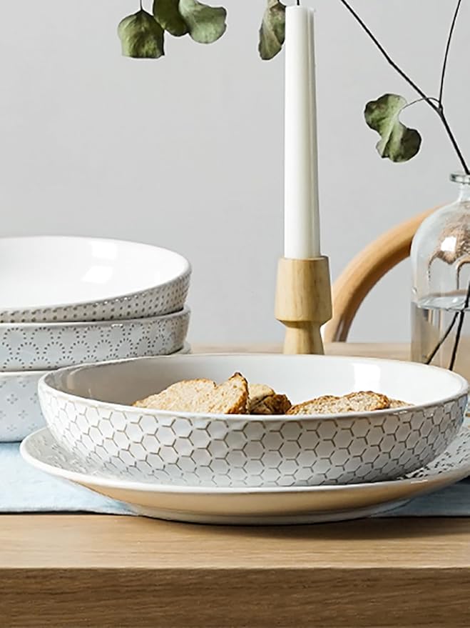 LE TAUCI Pasta Bowls 42oz, Large Salad Bowl, Ceramic Embossment Stoneware Serving Plate for Fruits, Noodle, Dinner, House-warming Wedding Present - 9 Inch, Set of 4, Arctic White