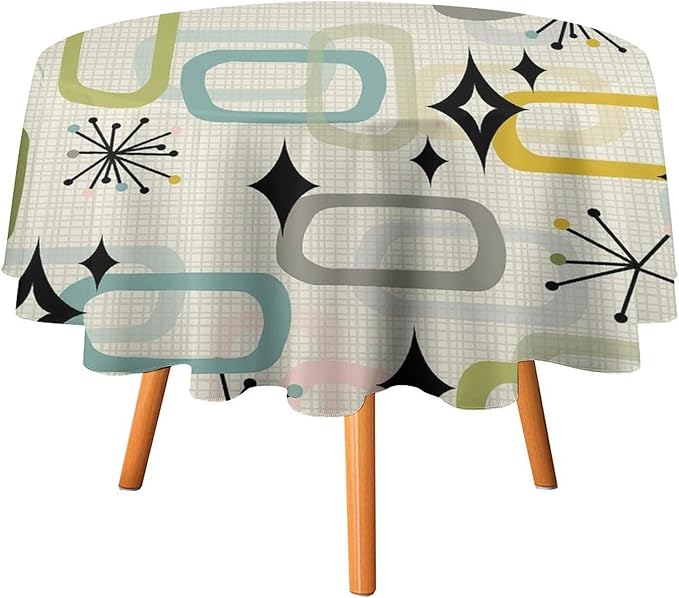 Mid Century Modern Round Tablecloth, Geometry Bohemian Retro Abstract Tablecloth for Home Party Dining Room Kitchen Decor 70Inch(178cm)