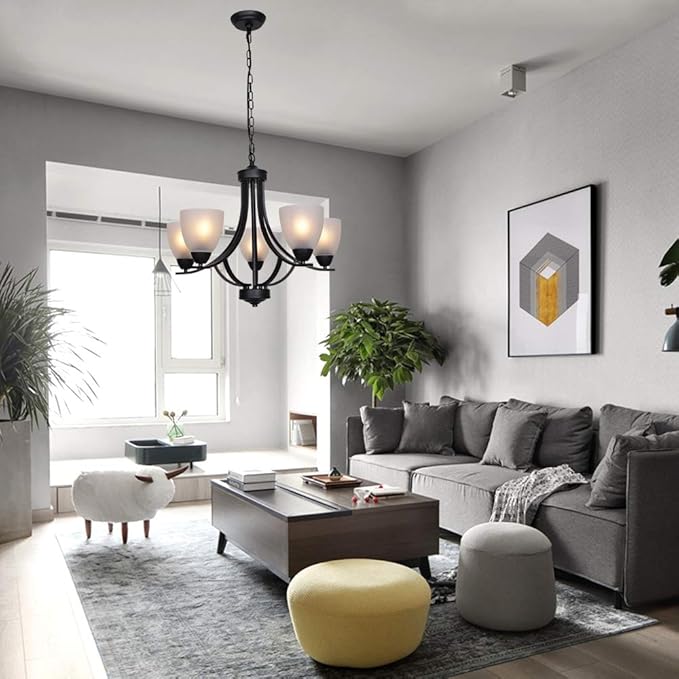 VINLUZ 5 Light Shaded Contemporary Chandeliers with Alabaster Glass Black Rustic Light Fixtures Ceiling Hanging Mid Century Modern Pendant Lighting for Dining Room Foyer Bedroom Living Room