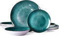 Bestone Porcelain Dinnerware Sets Service for 4, 12 pcs Hand drawn Plates and Bowls Sets, Handmade Ceramic Dish Set, Chip Resistant Modern Plate Set, Dishwasher/Microwave Safe，Starburst Green