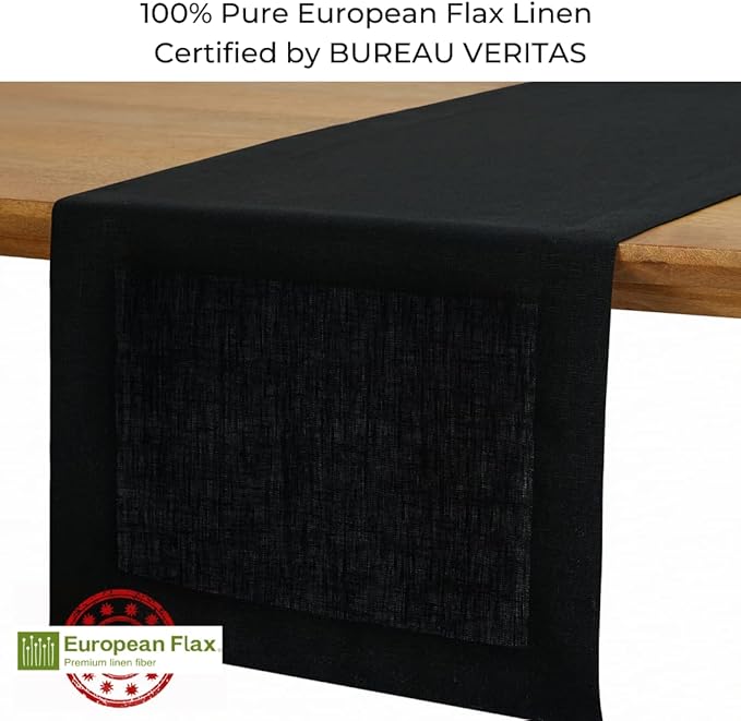 D'Moksha Homes Linen Black Table Runner 144 Inches Long - 100% Pure Linen Extra Long Table Runner 14 x 144 Inch for Spring, Easter - Machine Washable