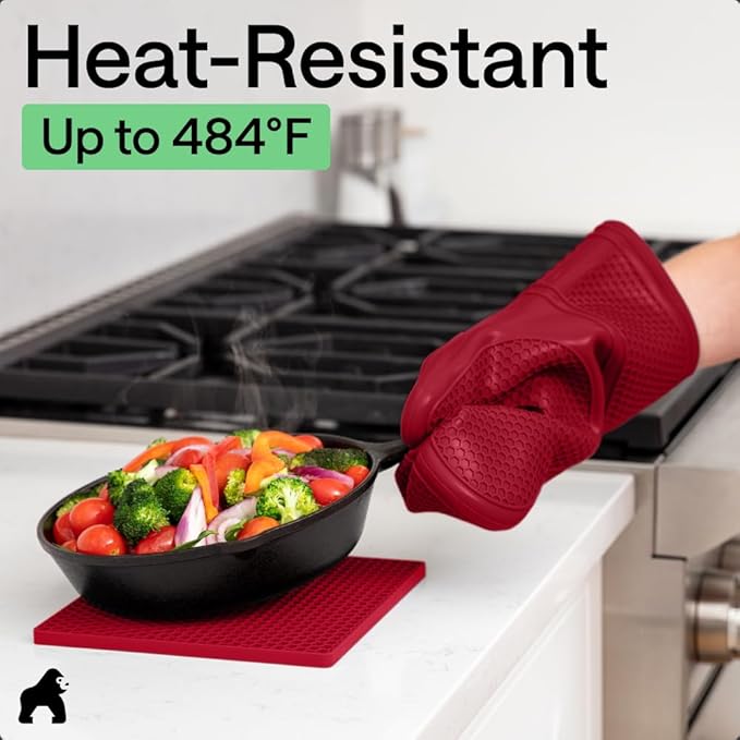 GORILLA GRIP BPA-Free Soft Silicone Oven Mitts and Pot Holders Sets of 4, Heat Resistant Waterproof Cooking Gloves, Thick Cotton Lining, Flexible Gripping for Baking Grilling, Kitchen Trivets, Red
