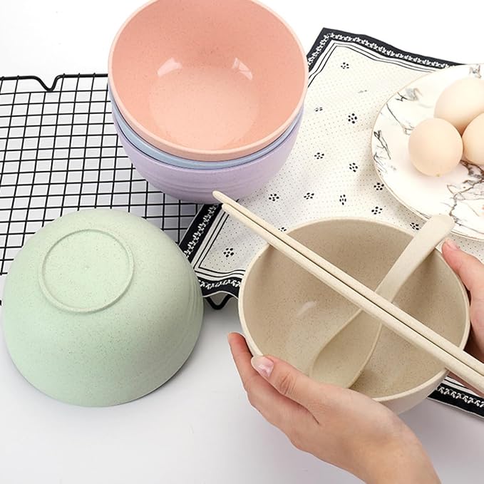 4 Pcs Large Capacity Wheat Straw Salad Mixing Bowls Food Serving Bowls for Fruit Noodles and Salads Lightweight Smooth Finish Heat-resistant and Easy to Clean Random Color