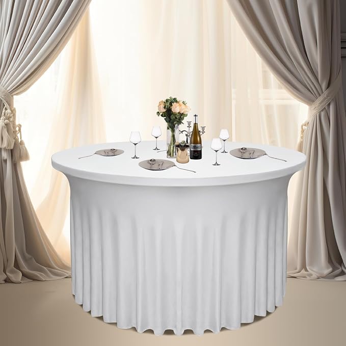2 Pack White Round Table Skirt, 60 Inch Diameter x 30 Inch Height, Stretch Polyester Spandex Tablecloth for 5ft Round Tables, Stain & Wrinkle Resistant for Wedding, Banquet Decor