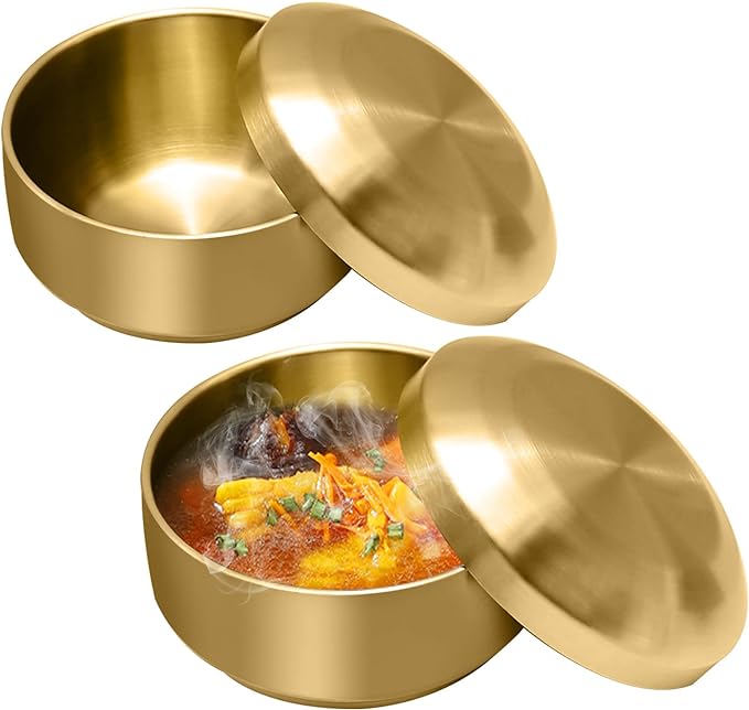 Stainless Steel Rice Bowl with Lid, Set of 2, for Korean Kitchen Restaurant, Double-walled Metal Bowls, Multi-Purpose Insulated Soup Bowls Snacks Bowls (10.5cm Gold)