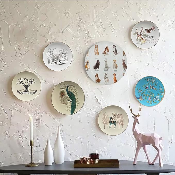 Decorative Plates, Dog Print Ornament, AGroup of Different Puppy Breeds Family Type Species, 8 Inch, Kitchen Wall Decor, Multi