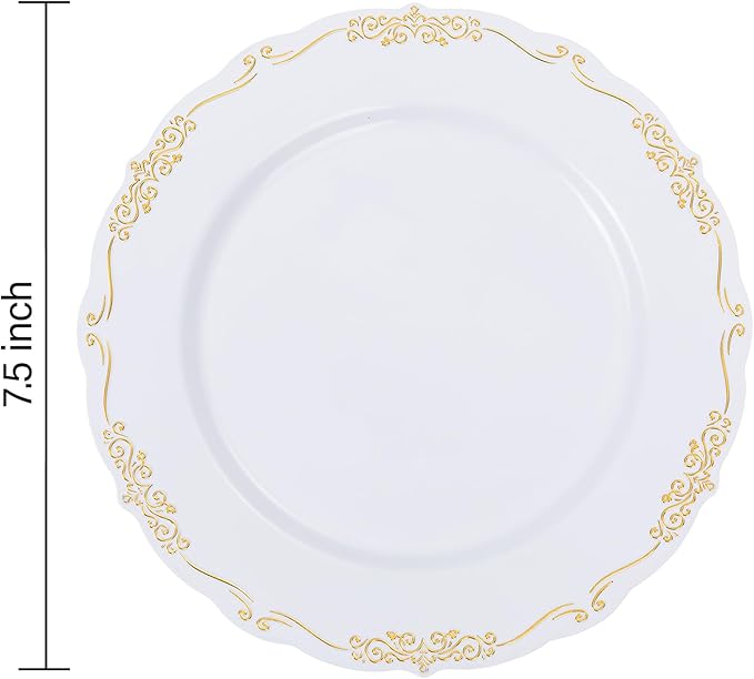 DaYammi 60PCS White and Gold Plastic Plates, Disposable Heavy Duty Plates Premium 7.5inch White Dessert Cake Salad Appetizer Plates Hard Plastic Platos Disposable for Party Wedding