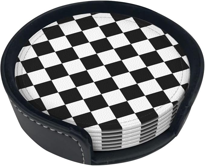 Black Checkered Leather Coasters Set of 6 by Unknown