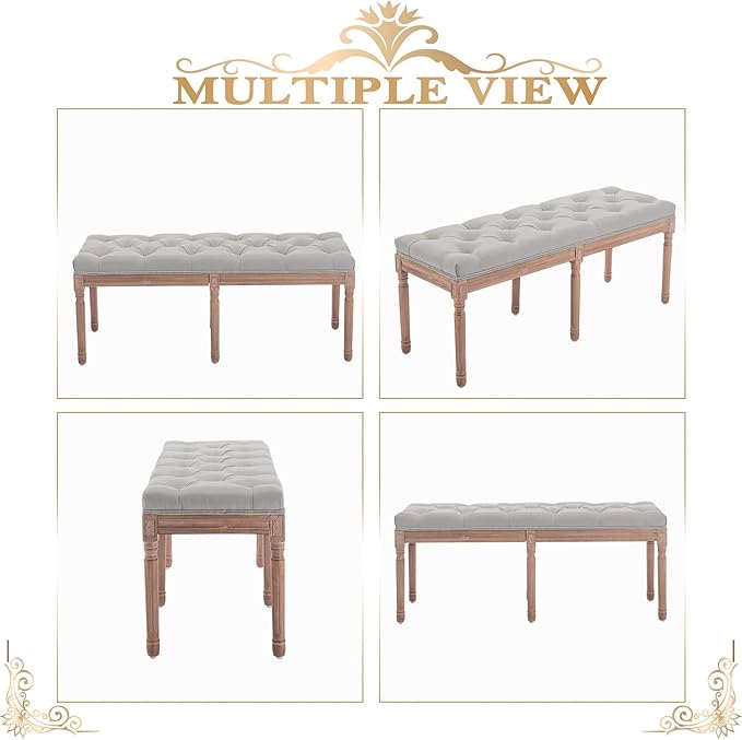 Bonzy Home 47” Bedroom Bench,French Vintage Tufted Entryway Benches Upholstered Dining Benches with Cushion,Linen Fabric End of Bed Bench for Bedroom Living Room Entryway, Gray