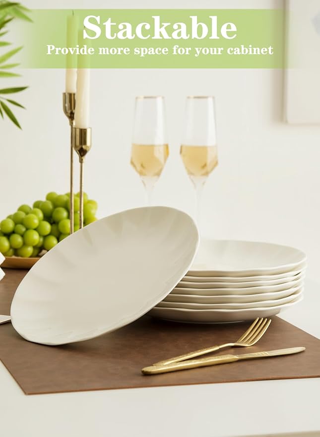 TAMAYKIM 10.5 Inch Porcelain White Dinner Plates Set of 8, Shallow Coupe Round Plates with Petal Edge for Pasta Salad, Steak Serving Dinnerware - Scratch Resistant, Microwave, Oven & Dishwasher Safe