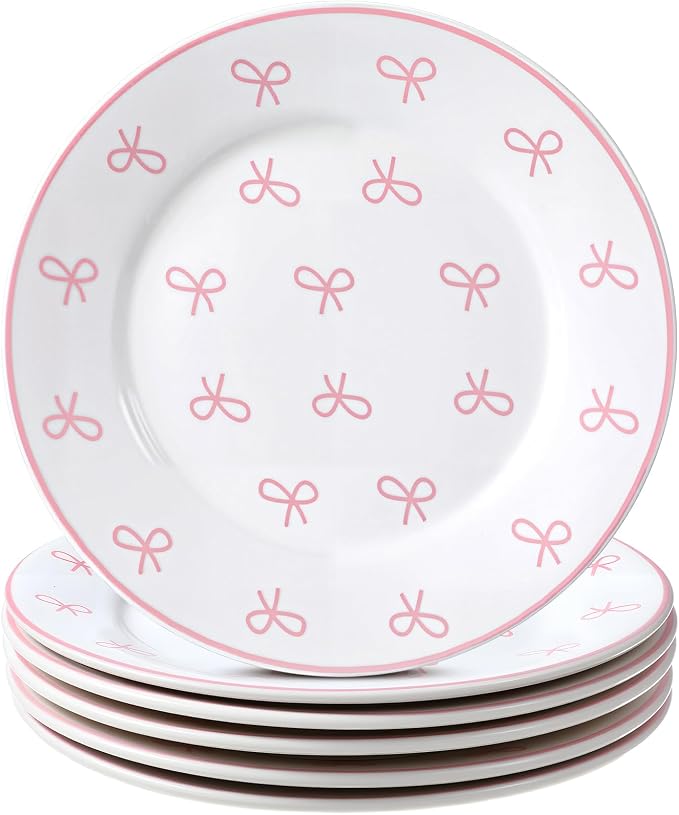 Honeydak 6 Pcs 6 Inch Pink Bow Ceramic Plates Coquette Bachelorette Tableware by Honeydak