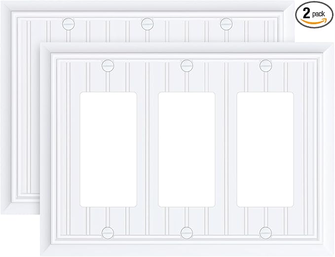 2-Pack Classic Beadboard Decorative Tripple Decorator Outlet Cover Plate, Durable Natural Bamboo Fiber Pure White Wall Plates for Electrical Outlets, Receptacle, GFCI Outlet, Dimmer Switch, 3-Gang