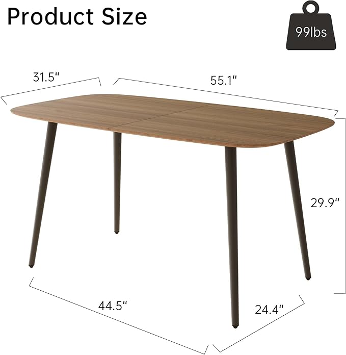 55.1' Kitchen Table,Kitchen & Dining Room Tables, Dinner Table for 4-6,MDF Wood Dining Table with Metal Legs for Living Room & Dining Room (Walnut Color Table, 55.1")