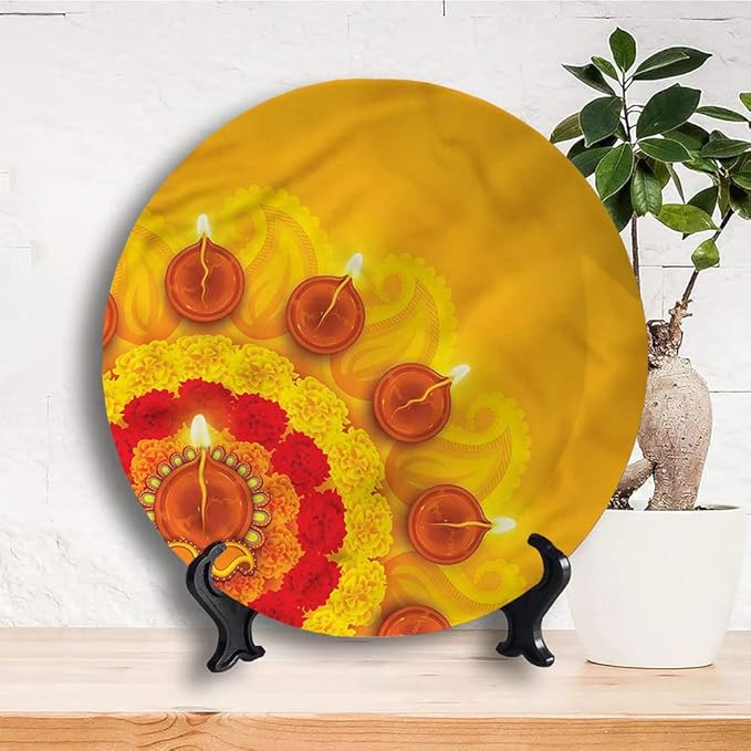 Ceramic Display Plate, Diwali Ceramic Hanging Decorative Plate, Flowers Diwali Festive, 8 Inch, Household Custom Ceramic Plate, Multicolor